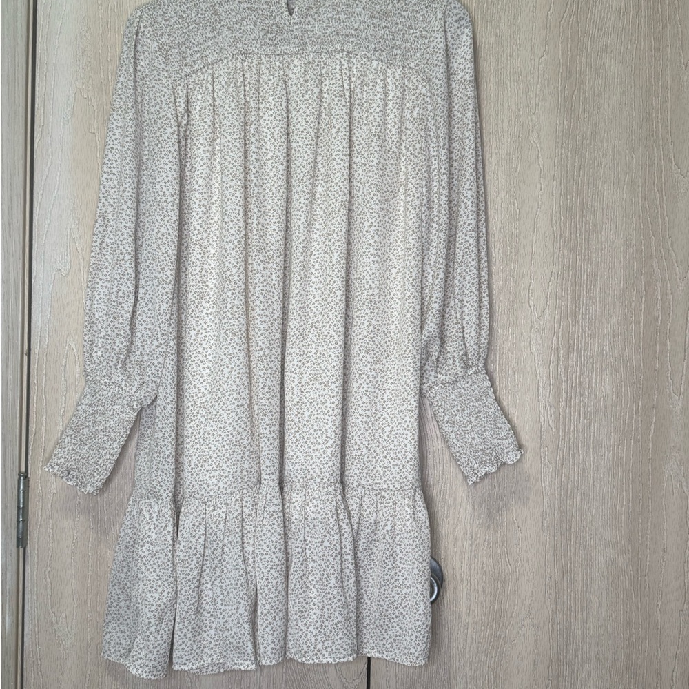 On The Prairie High Neck Frocked Prairie Dress Elastic Cuffs Tan Cream Small